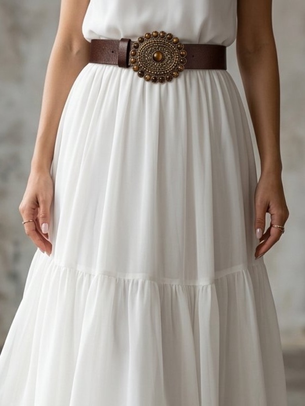 Brown Leather Belt with Gold Ornate Medallion Buckle